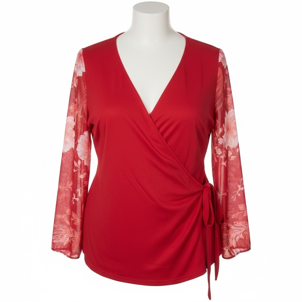 INC‎ Plus Size 3X Red Wrap louse Sheet Floral Sleeve Stretch Top NEW Romantic